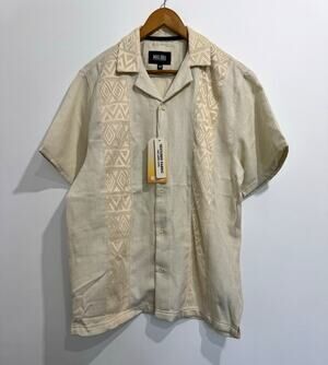 Malibu Men's Beige Geometric Short Sleeve Button-Up Point Collar Shirt M
